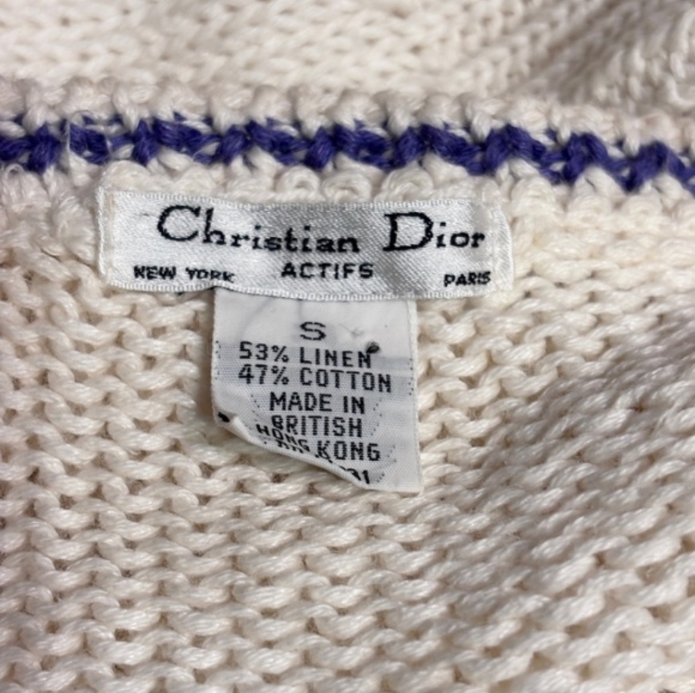 CHRISTIAN DIOR Ivory Knit Linen Blend Cardigan Purple Accent Line VINTAGE - Picture 10 of 10